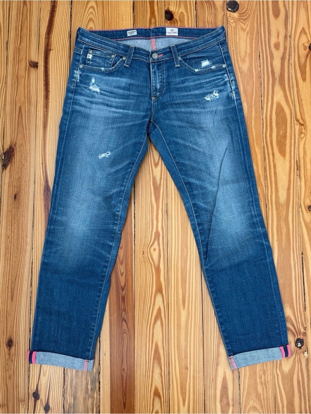 Ag Adriano Goldschmied Distressed Cropped Jeans in Dark Blue